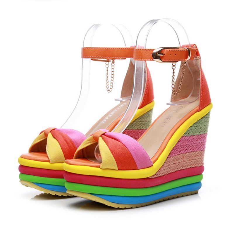 Dames Regenboog Kleurrijke Enkelband Boog Knoop Gesp Platform Sandalen