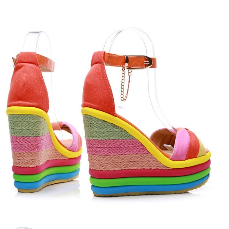 Dames Regenboog Kleurrijke Enkelband Boog Knoop Gesp Platform Sandalen