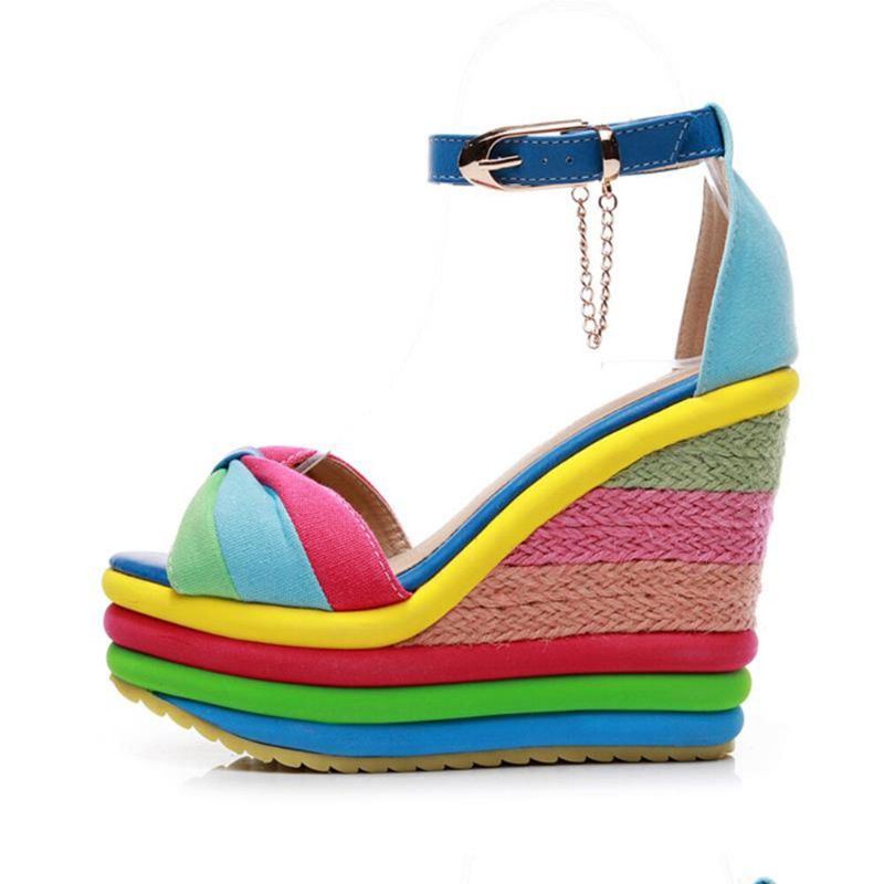 Dames Regenboog Kleurrijke Enkelband Boog Knoop Gesp Platform Sandalen