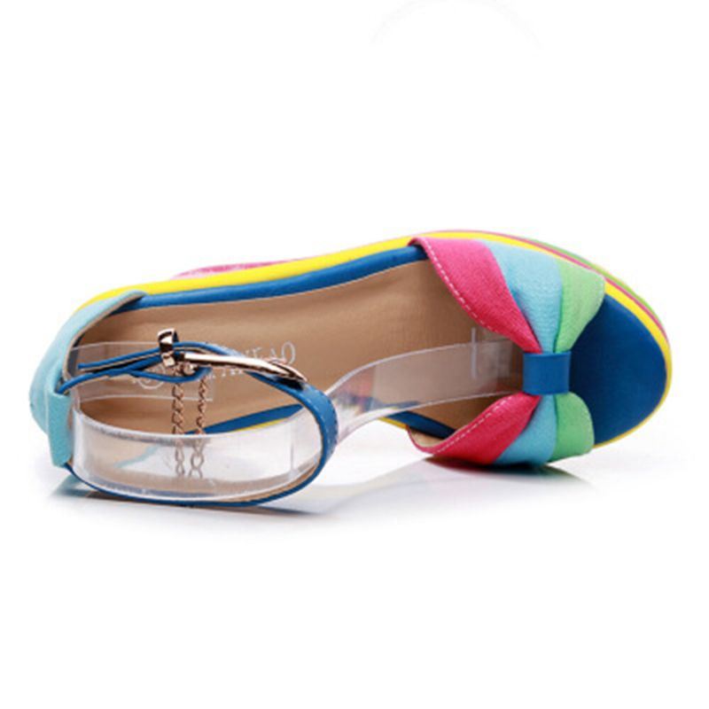 Dames Regenboog Kleurrijke Enkelband Boog Knoop Gesp Platform Sandalen