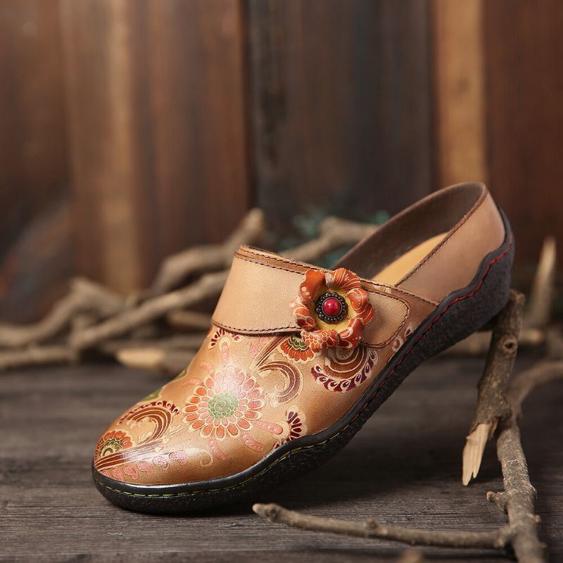 Dames Retro Bloemen Reliëf Patroon Echt Lederen Super Comfortabele Slip-on Schoenen