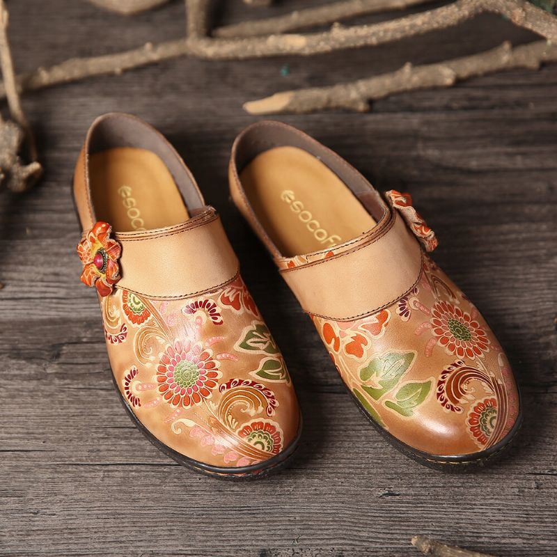 Dames Retro Bloemen Reliëf Patroon Echt Lederen Super Comfortabele Slip-on Schoenen