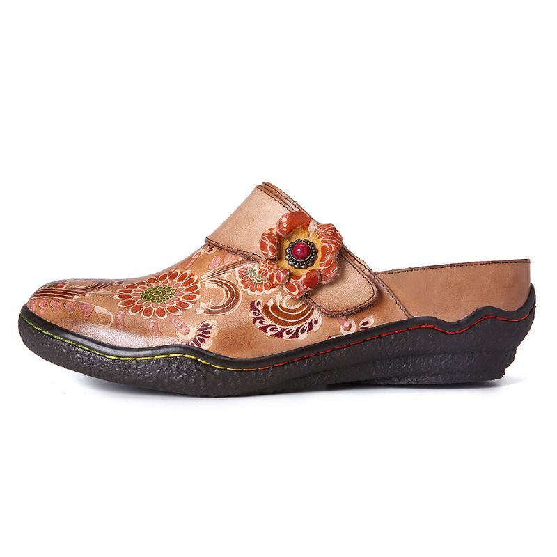 Dames Retro Bloemen Reliëf Patroon Echt Lederen Super Comfortabele Slip-on Schoenen