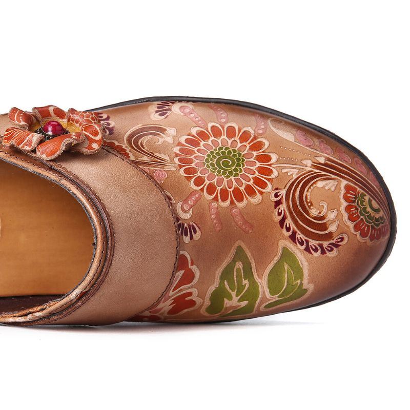 Dames Retro Bloemen Reliëf Patroon Echt Lederen Super Comfortabele Slip-on Schoenen