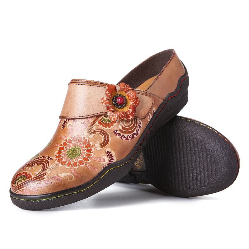 Dames Retro Bloemen Reliëf Patroon Echt Lederen Super Comfortabele Slip-on Schoenen