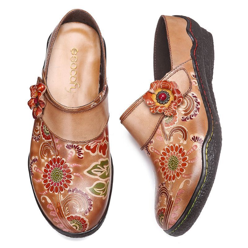 Dames Retro Bloemen Reliëf Patroon Echt Lederen Super Comfortabele Slip-on Schoenen