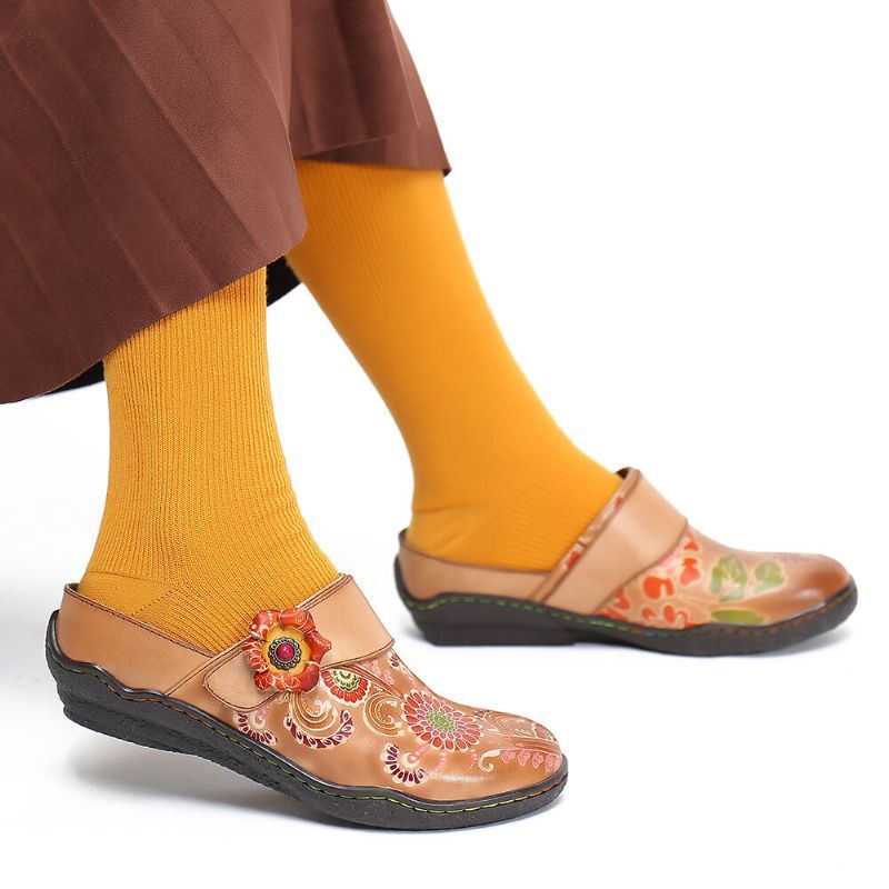 Dames Retro Bloemen Reliëf Patroon Echt Lederen Super Comfortabele Slip-on Schoenen