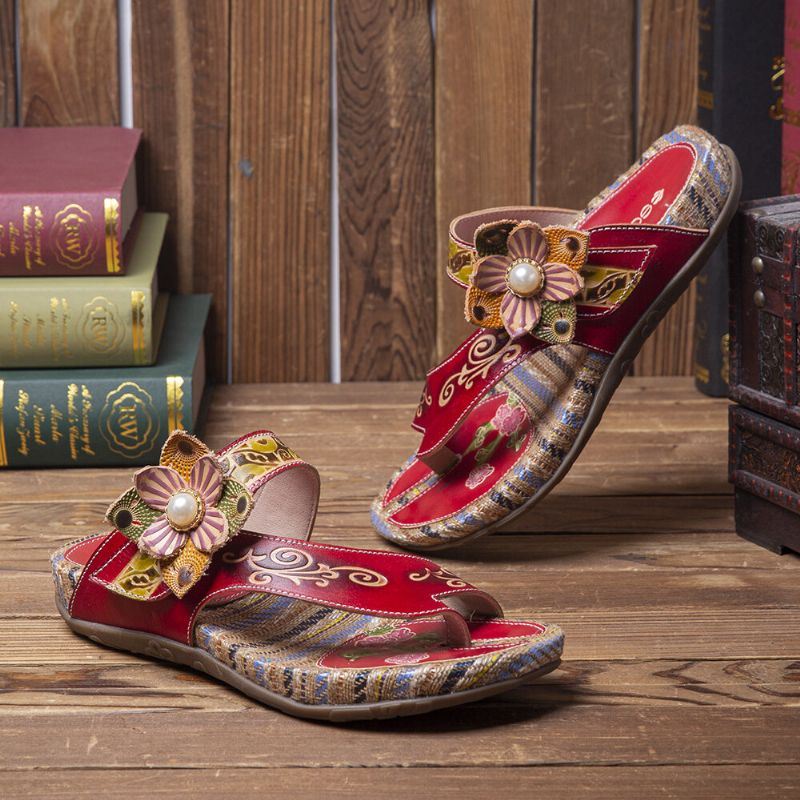 Dames Retro Bloemenprint Lederen Comfortabele Platte Streep String Sandalen