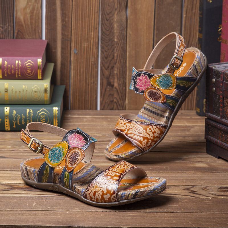 Dames Retro Bloemenprint Leren Comfortabele Platte Streep Sandalen