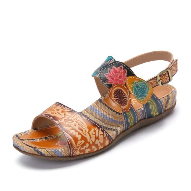 Dames Retro Bloemenprint Leren Comfortabele Platte Streep Sandalen