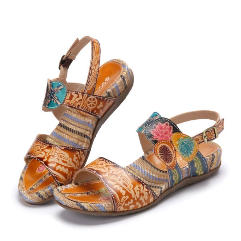 Dames Retro Bloemenprint Leren Comfortabele Platte Streep Sandalen