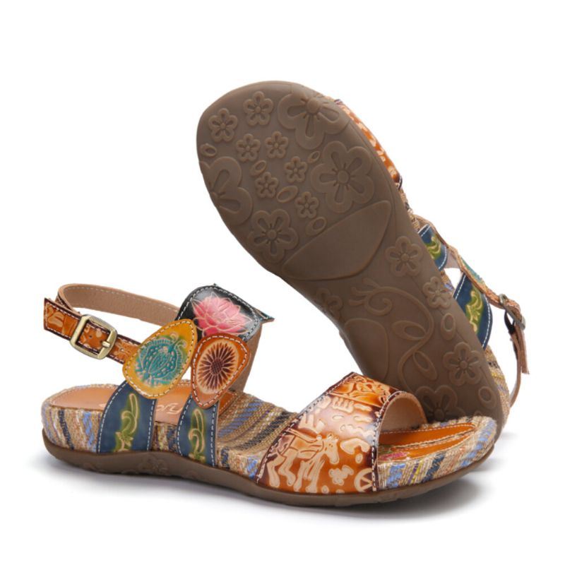 Dames Retro Bloemenprint Leren Comfortabele Platte Streep Sandalen