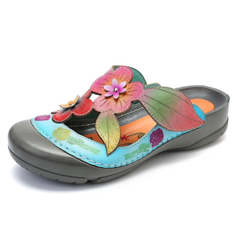 Dames Retro Echt Leer Bloemen Patroon Sandalen