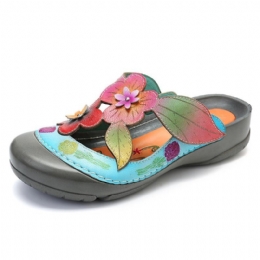 Dames Retro Echt Leer Bloemen Patroon Sandalen