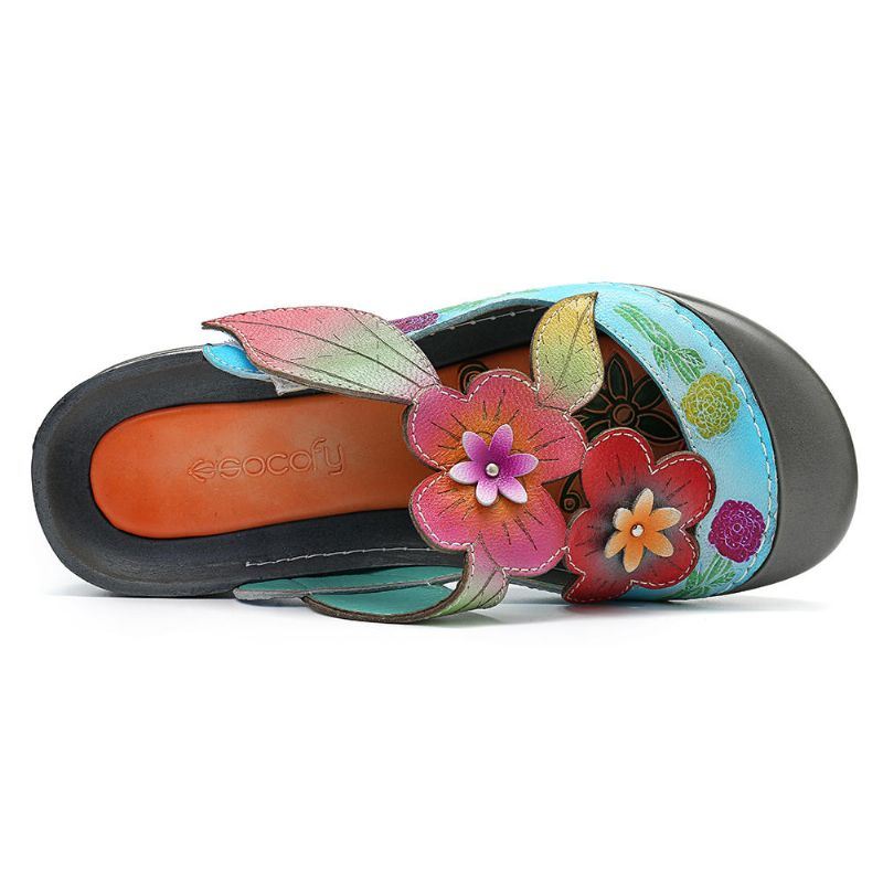 Dames Retro Echt Leer Bloemen Patroon Sandalen