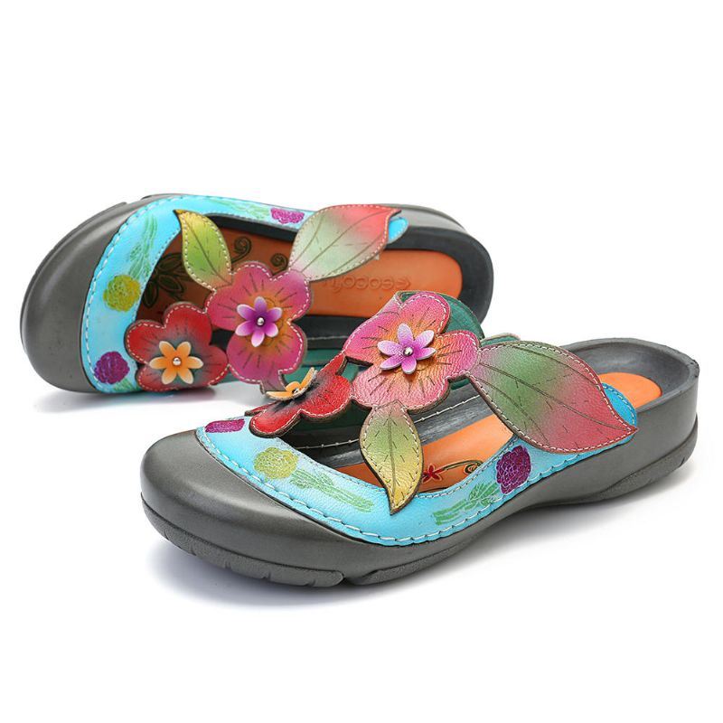 Dames Retro Echt Leer Bloemen Patroon Sandalen