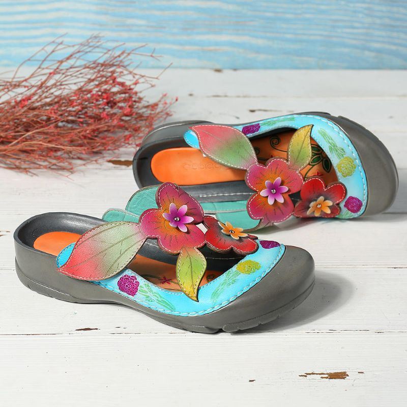 Dames Retro Echt Leer Bloemen Patroon Sandalen