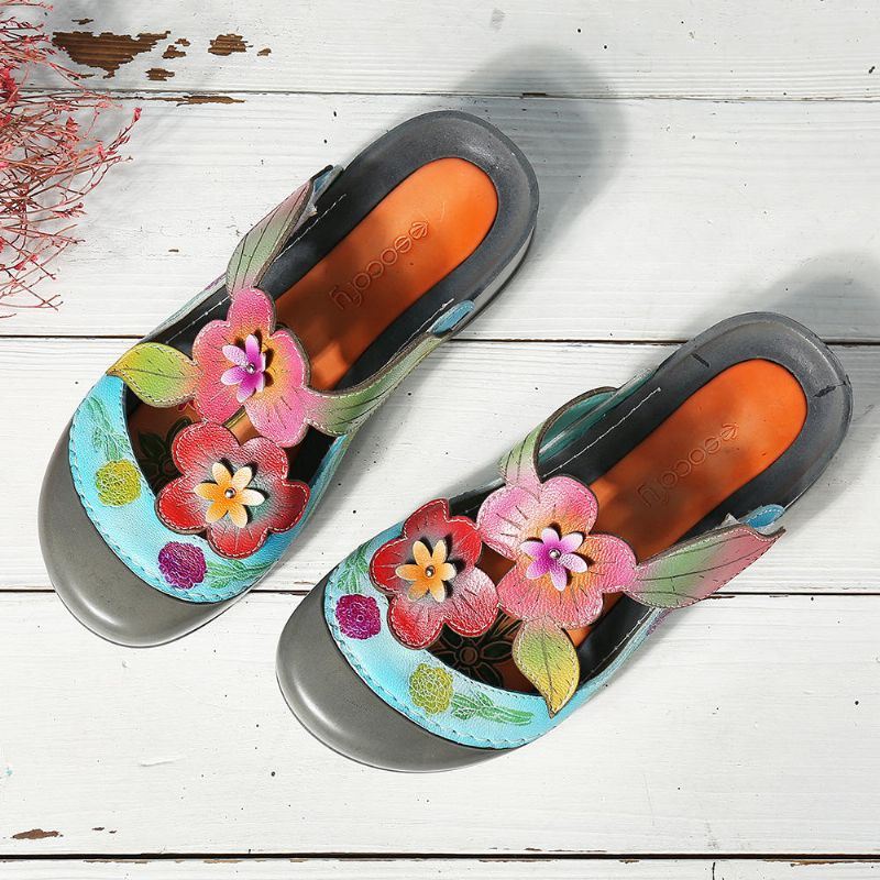 Dames Retro Echt Leer Bloemen Patroon Sandalen