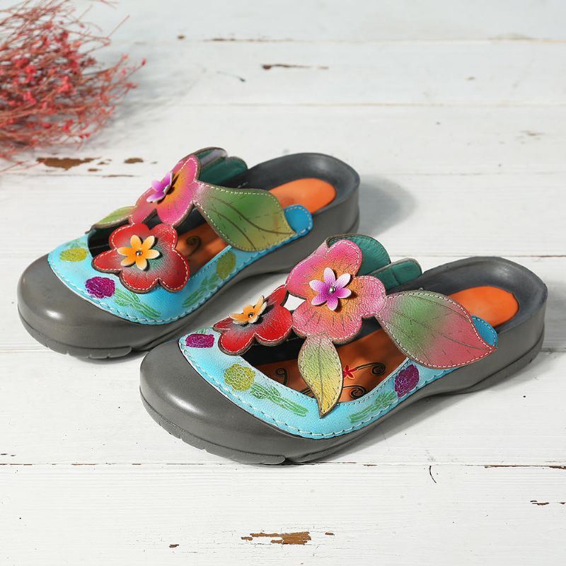 Dames Retro Echt Leer Bloemen Patroon Sandalen