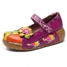 Dames Retro Kleurrijke Lederen Handgemaakte Bloem Flats Schoenen