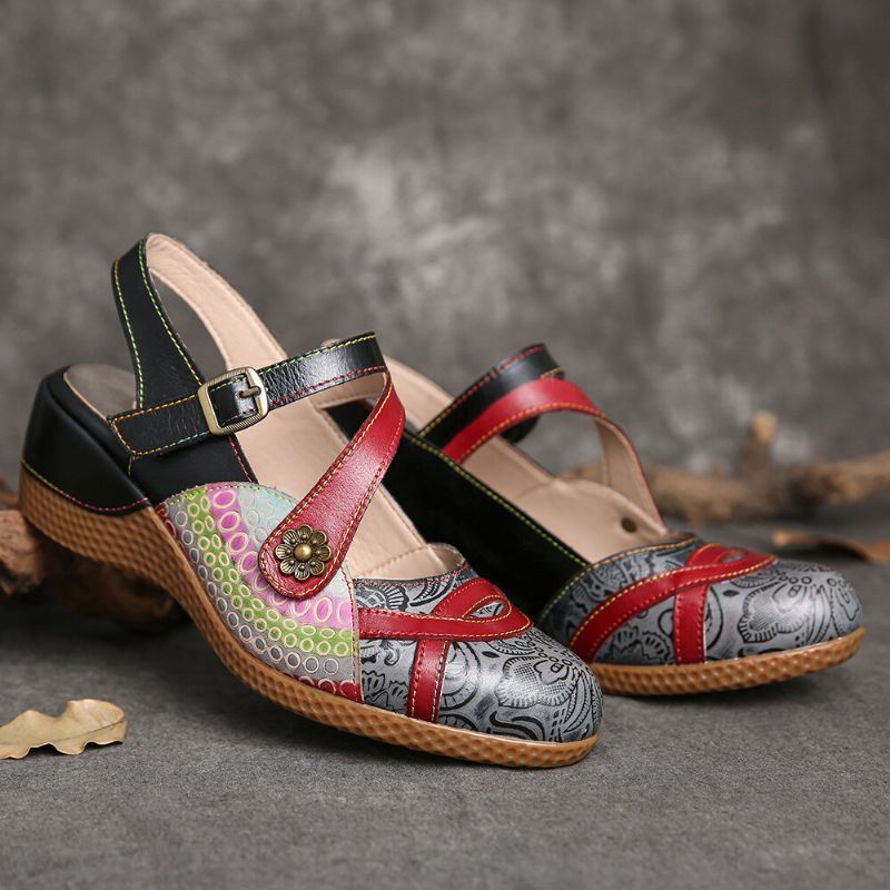 Dames Retro Leer Geschilderde Bloem Haak Loop Slingback Mules Wedges Sandalen