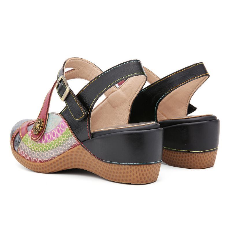 Dames Retro Leer Geschilderde Bloem Haak Loop Slingback Mules Wedges Sandalen