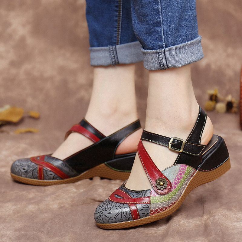 Dames Retro Leer Geschilderde Bloem Haak Loop Slingback Mules Wedges Sandalen