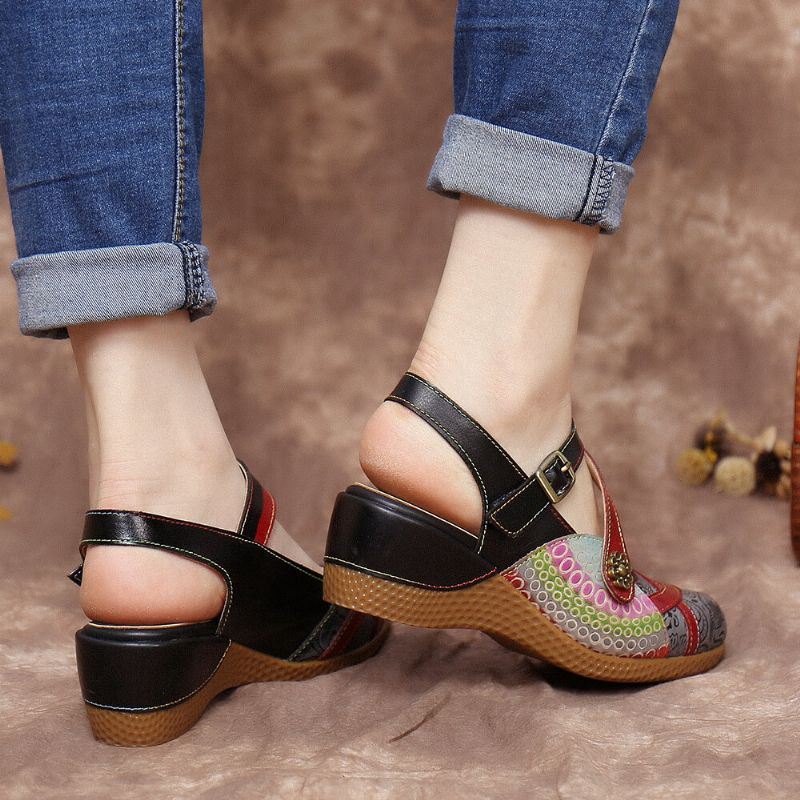 Dames Retro Leer Geschilderde Bloem Haak Loop Slingback Mules Wedges Sandalen