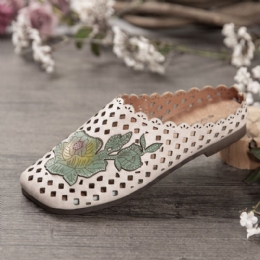 Dames Retro Leren Bloemen Appliqué Uitsparingen Zachte Platte Muilezels Klompen Instapsandalen