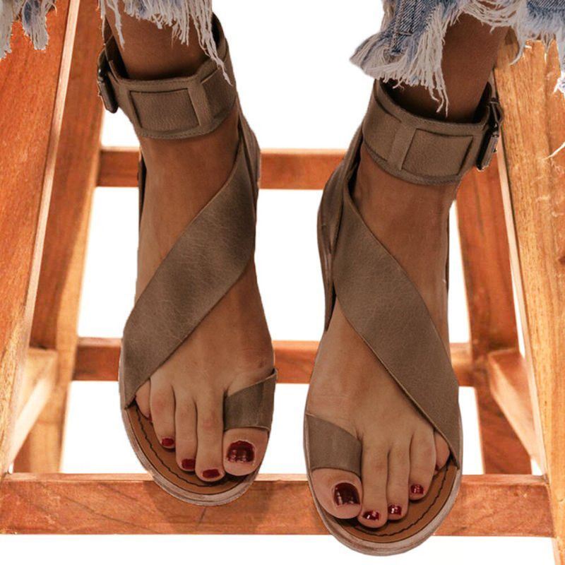 Dames Retro Teen Ring Romeinse Enkelband Casual Zomer Platte Sandalen