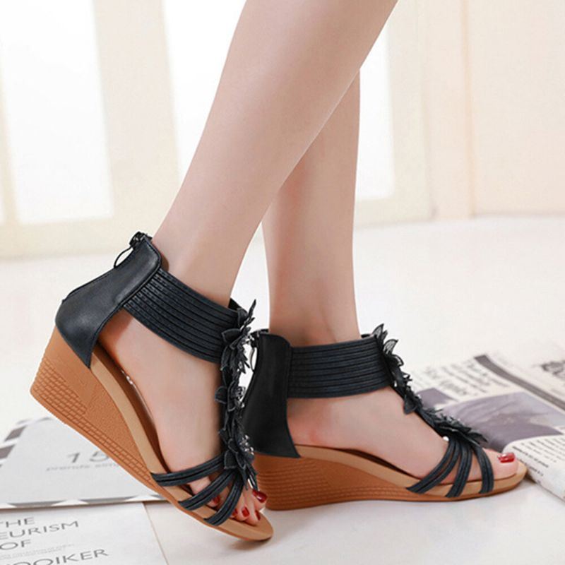 Dames Romeinse Stijl Bloemen Decoratie Comfortabele Wedges Hak Sandalen