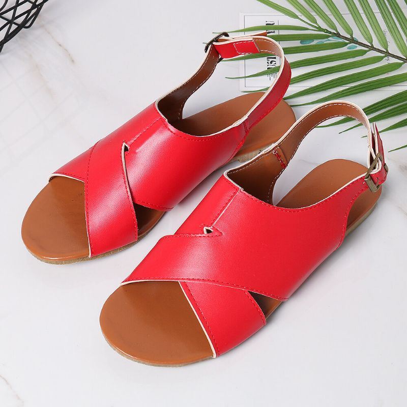 Dames Strand Peep Toe Cross Buckle Flats Sandalen