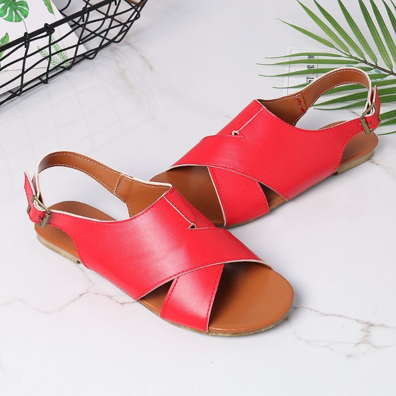 Dames Strand Peep Toe Cross Buckle Flats Sandalen