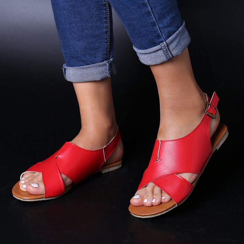 Dames Strand Peep Toe Cross Buckle Flats Sandalen