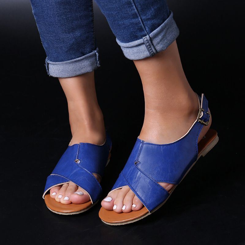 Dames Strand Peep Toe Cross Buckle Flats Sandalen