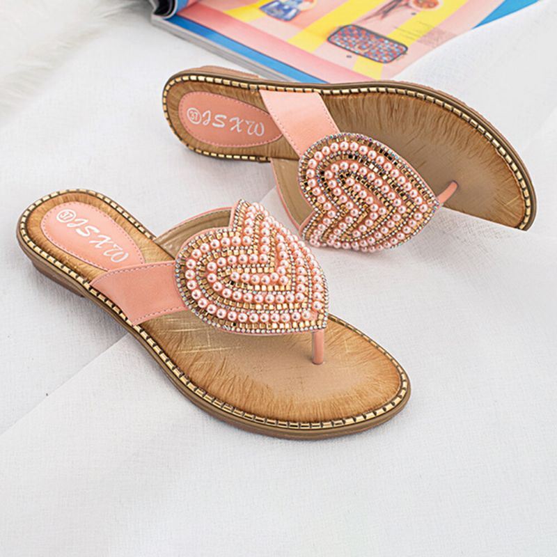 Dames Strass Hartvorm Decor Clip Teen Flats Sandalen