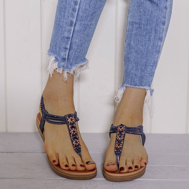 Dames T-strap Kralen Elastische Band Slip On Casual Strand Zomer Platte Sandalen