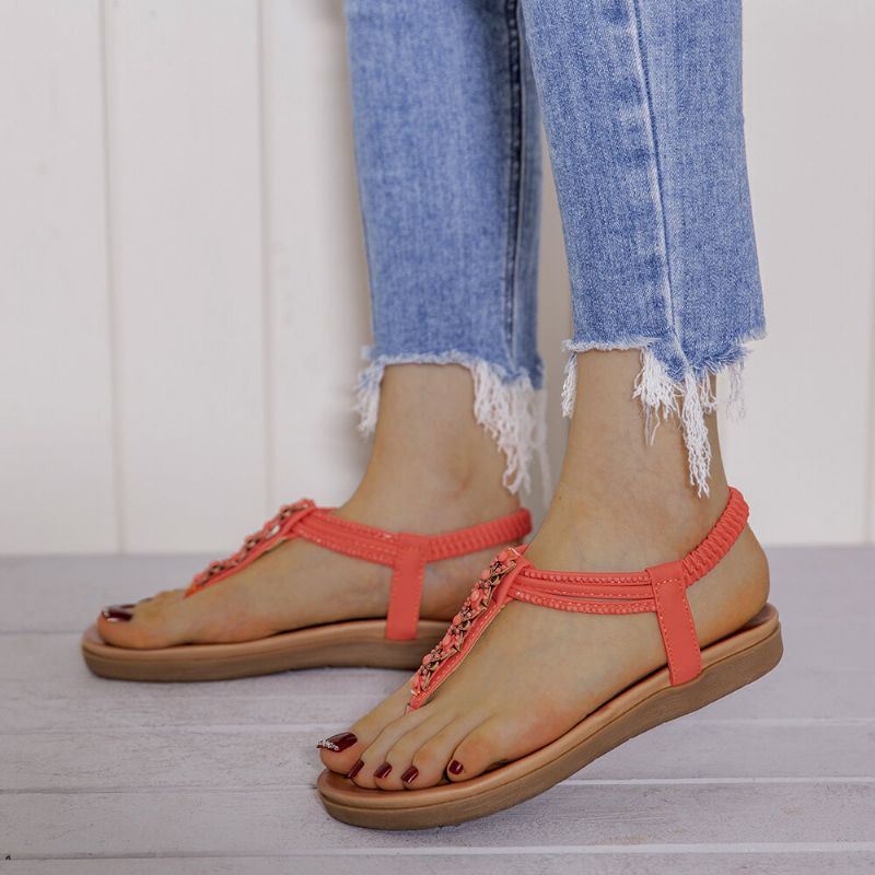 Dames T-strap Kralen Elastische Band Slip On Casual Strand Zomer Platte Sandalen