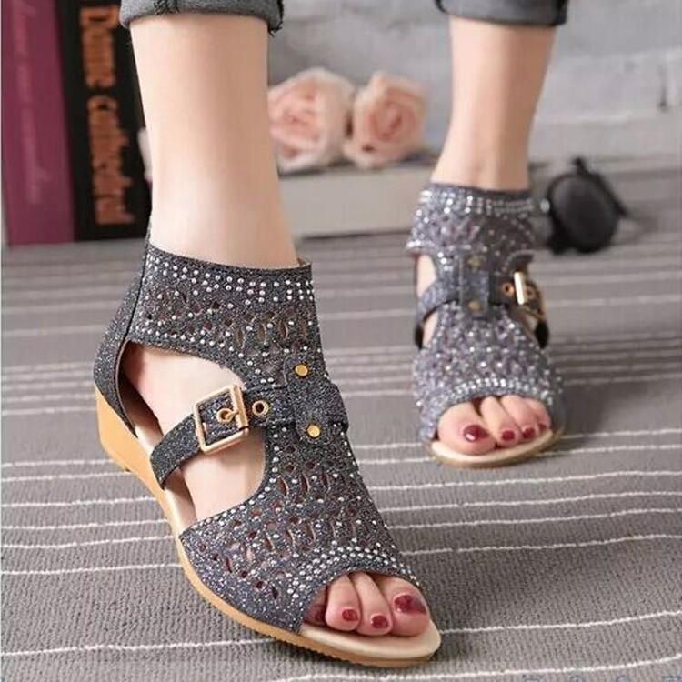 Dames Uitgeholde Gesp Effen Kleur Zomer Strand Wedge Sandalen