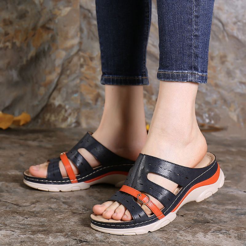 Dames Uitgeholde Kleur Splicing Zachte Zool Comfortabele Zomer Strand Wedge Sandalen