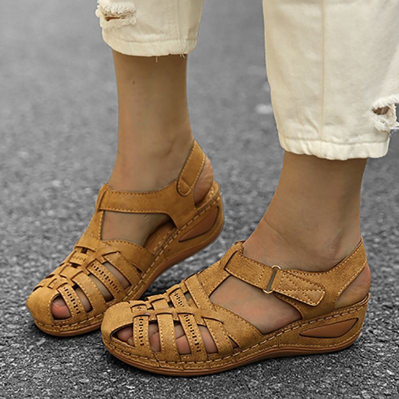 Dames Uitgesneden Klittenband Ademende Casual Wedge Sandalen