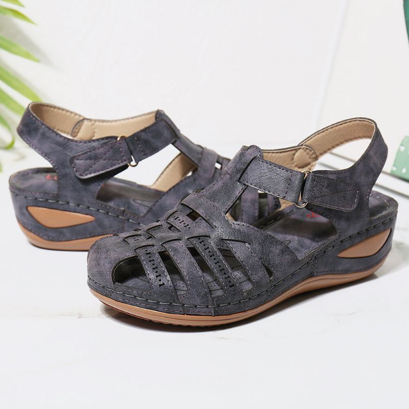 Dames Uitgesneden Klittenband Ademende Casual Wedge Sandalen