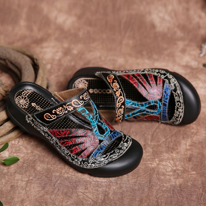 Dames Vintage Lederen Bloemen Uitsparing Verstelbare Riem Slip Op Muilezels Klompen Platte Dia's Sandalen