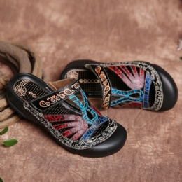 Dames Vintage Lederen Bloemen Uitsparing Verstelbare Riem Slip Op Muilezels Klompen Platte Dia's Sandalen