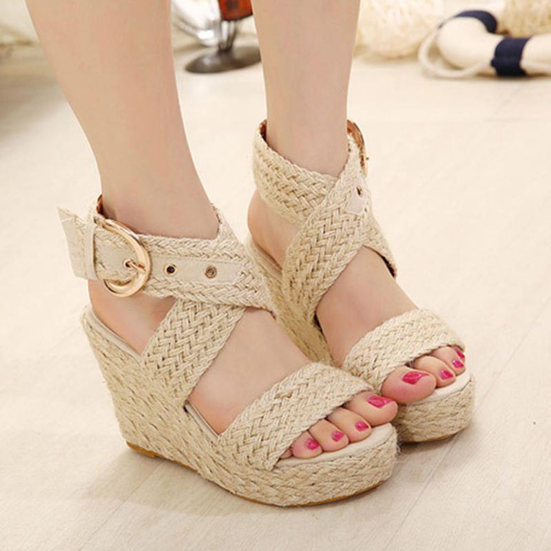 Dames Vlas Dikke Bodem Wedge Sandalen