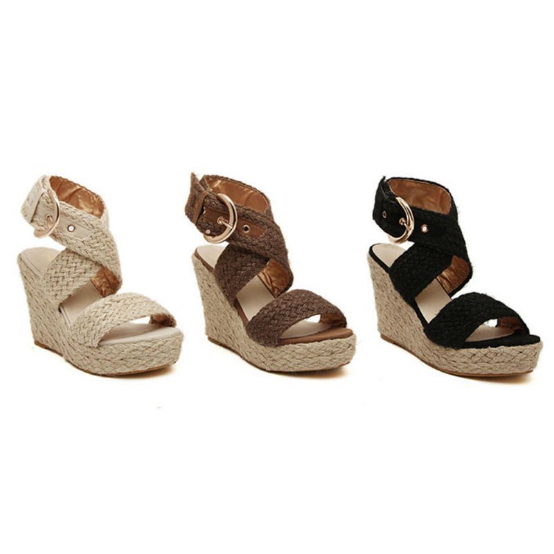 Dames Vlas Dikke Bodem Wedge Sandalen