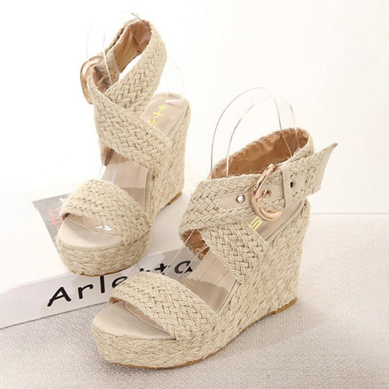 Dames Vlas Dikke Bodem Wedge Sandalen