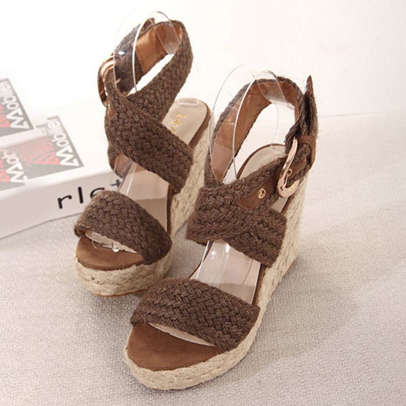 Dames Vlas Dikke Bodem Wedge Sandalen