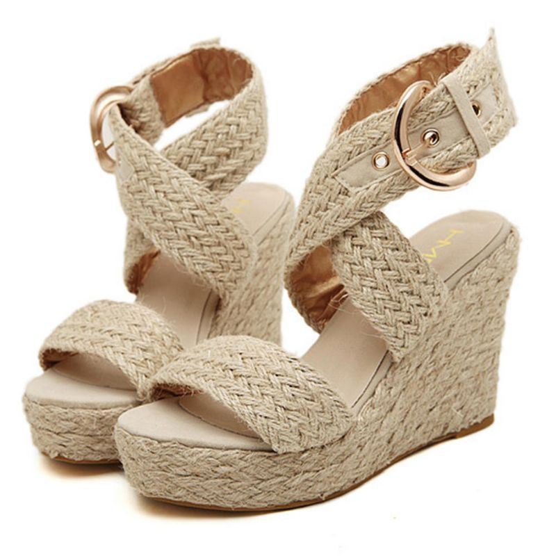 Dames Vlas Dikke Bodem Wedge Sandalen