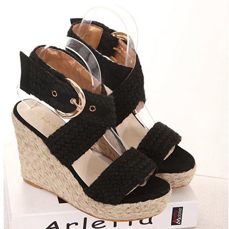 Dames Vlas Dikke Bodem Wedge Sandalen